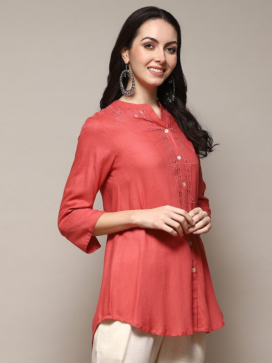 Biba Geometric Embroidered Mandarin Collar Mirror Work A-Line Kurti