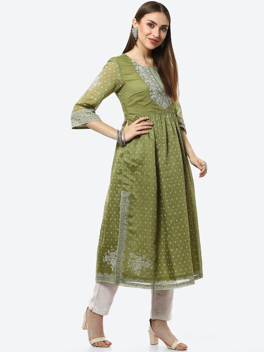 Biba Women Green Ethnic Motifs Printed Flared Sleeves Thread Work Anarkali Kurta