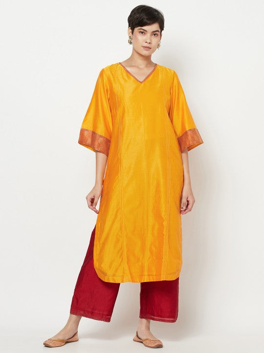 Fabindia Women Yellow Solid Flared Sleeves Kurta