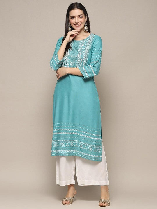 Biba Ethnic Motifs Printed Regular Kurta With Palazzo - Turquoise Blue