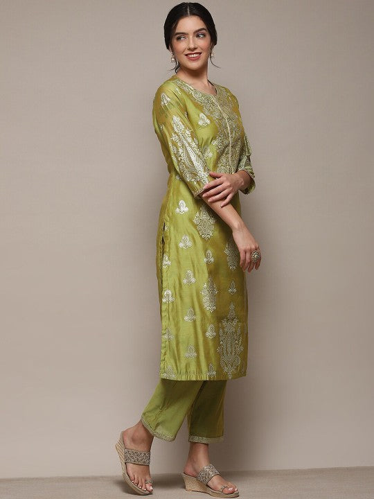 Biba Ethnic Motifs Printed Regular Kurta with Palazzos - Olive Green & Gold