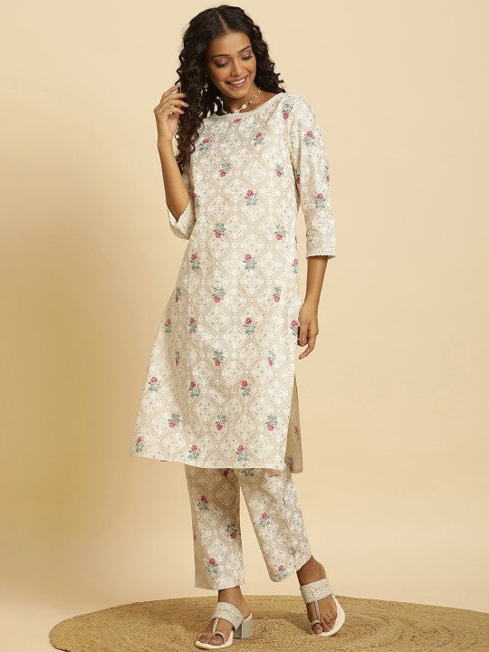 W Floral Printed Regular Pure Cotton Kurta With Trousers - Beige & Green