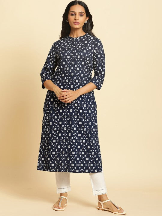 W Floral Printed Mandarin Collar Straight Kurta