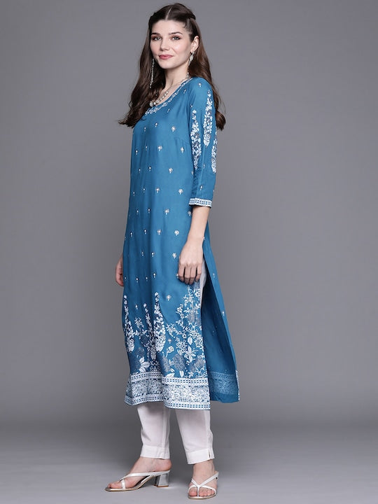 Biba Women Blue & White Ethnic Motifs Printed Assorted Kurta