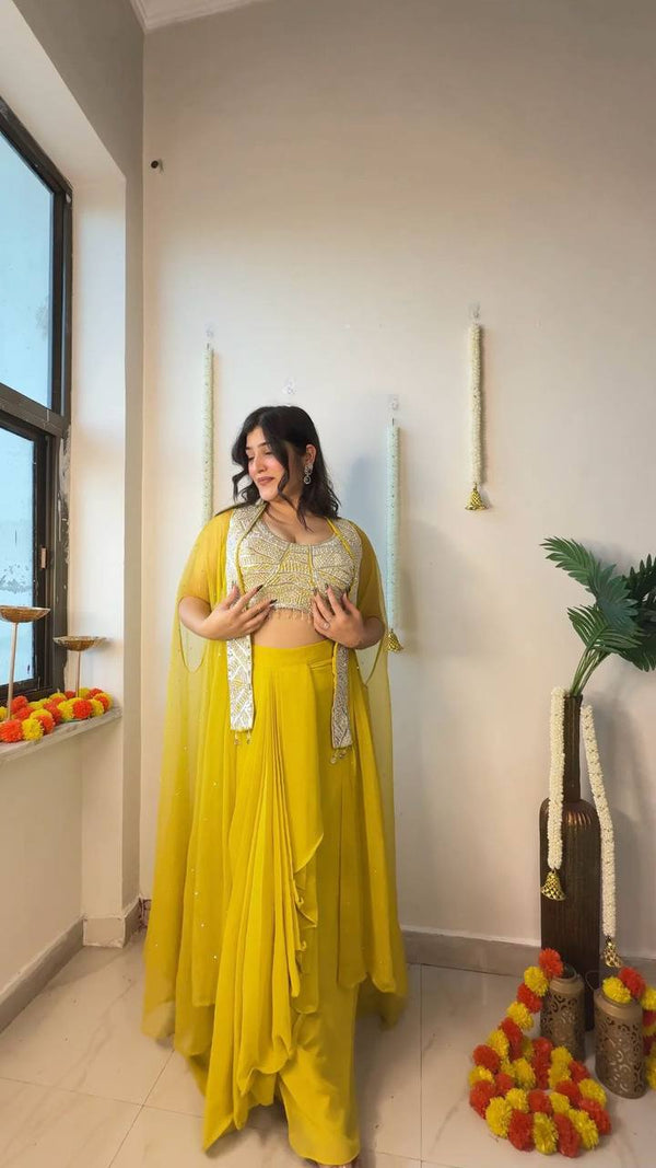 Golden Hour Georgette Saree with Embroidered Blouse and Cape