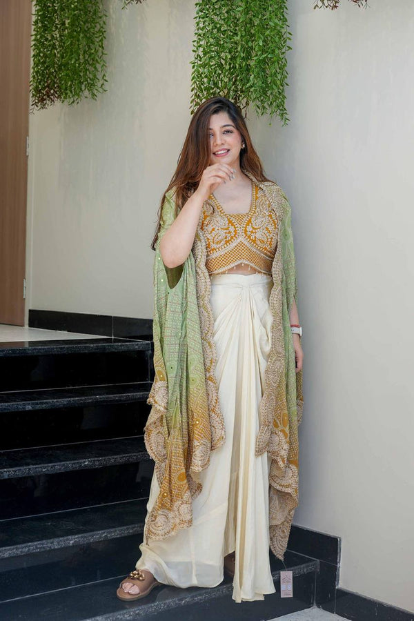 Ivory Pre-Draped Saree Set with Mustard Blouse & Green Ombre Dupatta