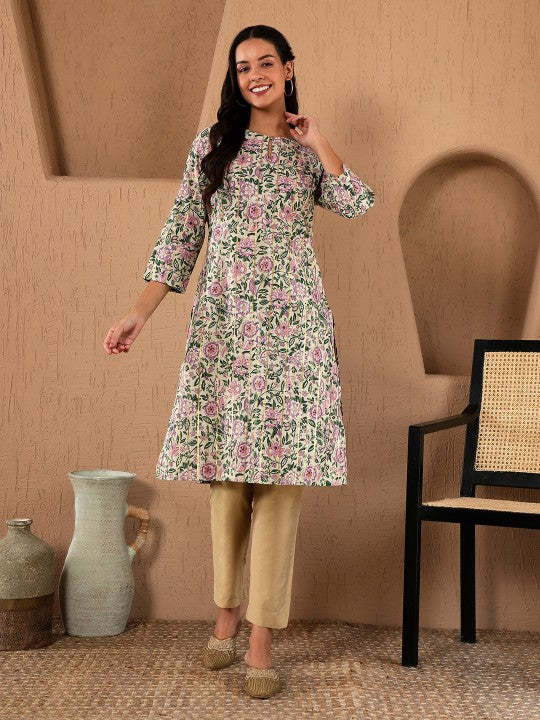 W Floral Printed Straight Kurta - Off White & Green