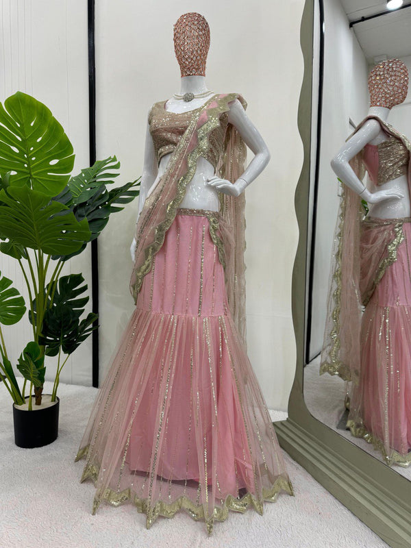 Blush Pink Net Ready to wear Lehenga Saree with Golden Sequin Embellishments & Designer Blouse