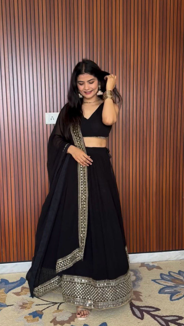 "Elegant Black Festive Lehenga Choli with Mirror Embellished Dupatta