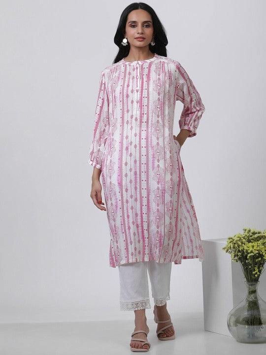 W Printed Regular Mandarin Collar Cotton Kurta with Palazzos