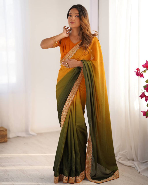 Ombre Orange-Green Saree with Sequin Embellished Border