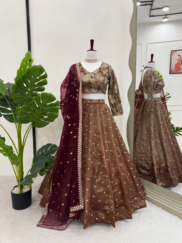 Opulent Brown Lehenga Set with Handcrafted Sequin and Thread Work