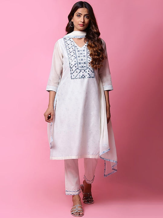 Biba Yoke Design Mirror Work Kurta with Trousers & Dupatta