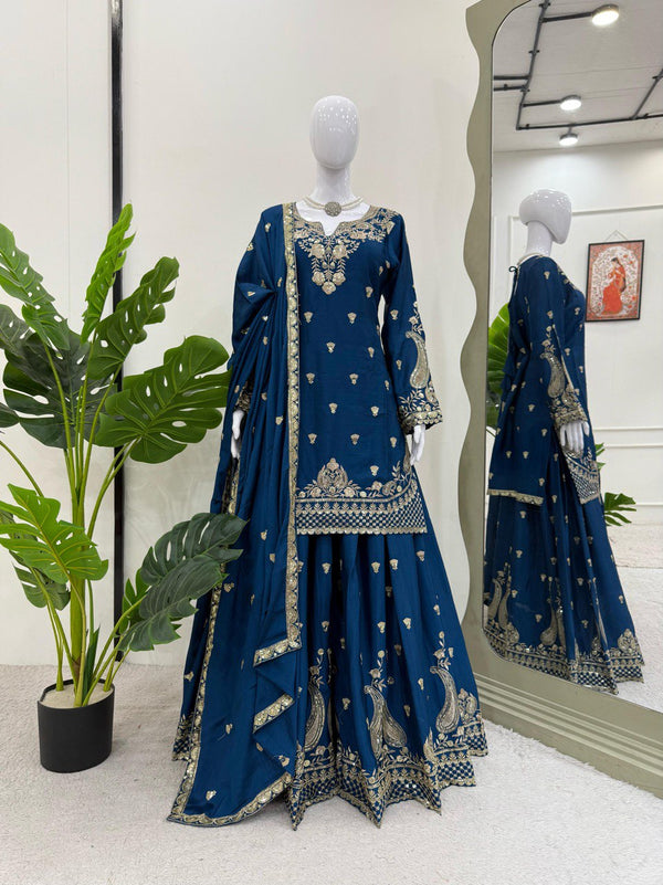 Navy Blue Embroidered Velvet Sharara Suit with Dupatta Traditional Festive Wear