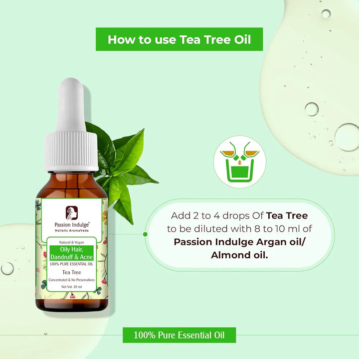 Passion Indulge Natural Tea Tree Essential Oil for Oily Hair Dandruff & Acne | No Preservatives | 100% Vegetarian| Vegan - 10ml