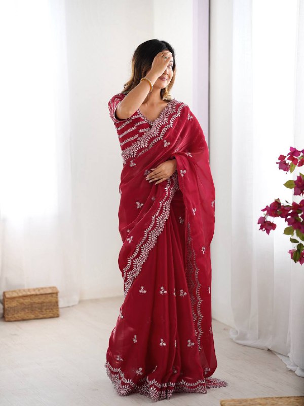 Elegant Red Saree with Intricate Thread Work