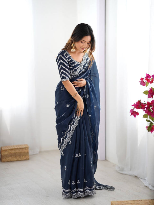 Navy Blue Saree with Intricate Thread Work
