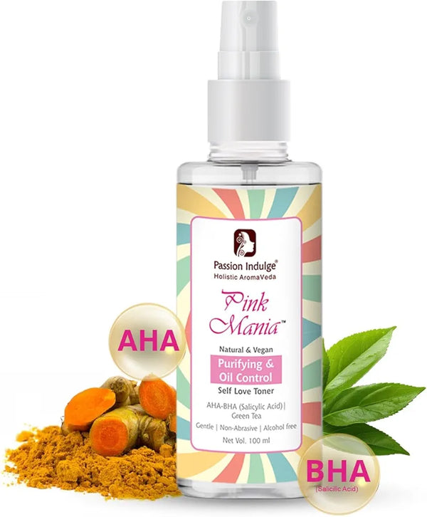 Passion Indulge AHA BHA Face Toner For Skin Purifying & Oil Control| Pinkmania Toner For Acne and Oily Skin With Turmeric & Green Tea | Reduces Acne & Redness & Hydrates The Skin | 100ml