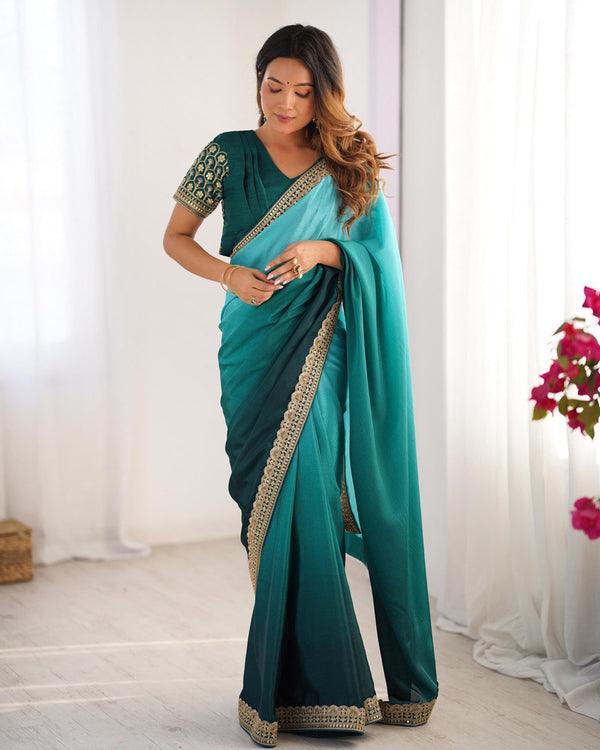 Ombre Teal Silk Saree with Embroidered Border