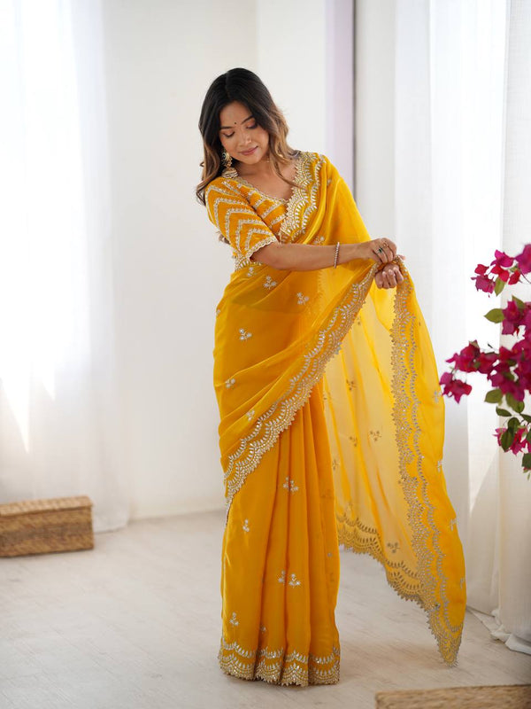 Sunshine Glow Yellow Georgette Saree with White Embroidery
