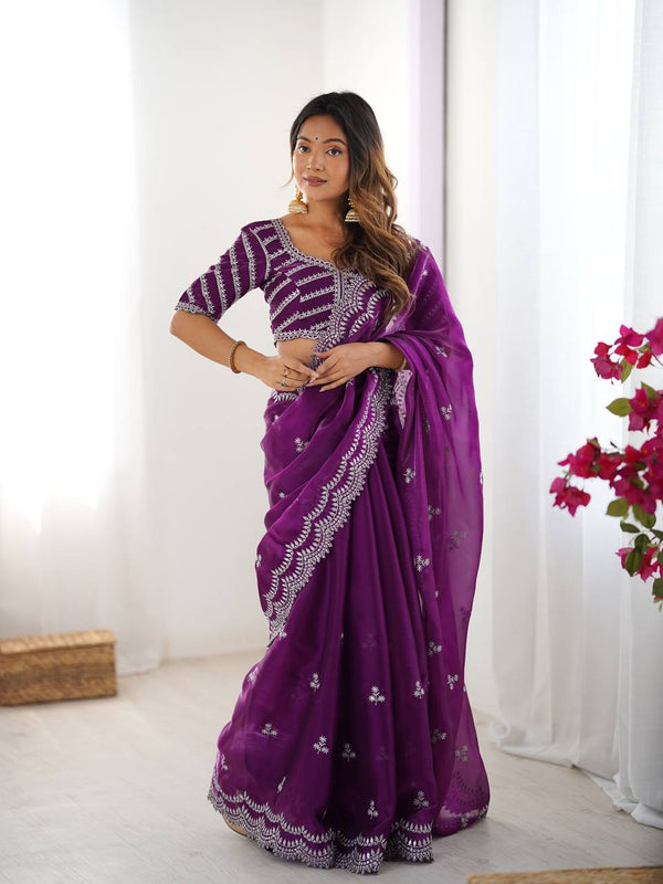 Royal Purple Georgette Saree with Intricate White Embroidery