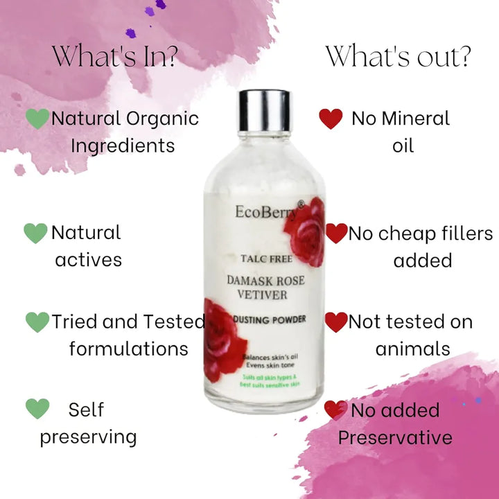 EcoBerry Damask Rose Vetiver Dusting Powder,Chemical &Talc Free,Hypoallergenic,Organic Certified Ingredients,No Whitish Cast, Mattify,Non-Comedogenic, Sensitive Skin,100% Natural & Handmade,Vegan 50g
