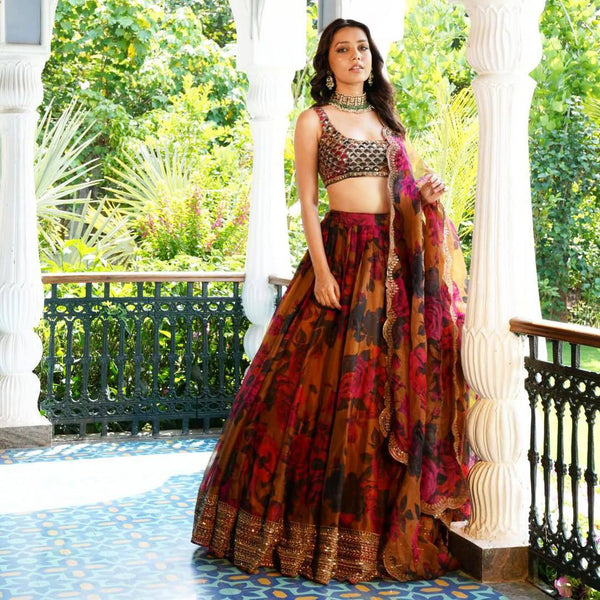 Designer Printed Tebi Organza With Sequence Embroidery Work Blouse lehenga With  Dupatta