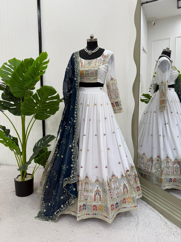 White Royal Embroidered Lehenga with Navy Dupatta & Temple Motifs