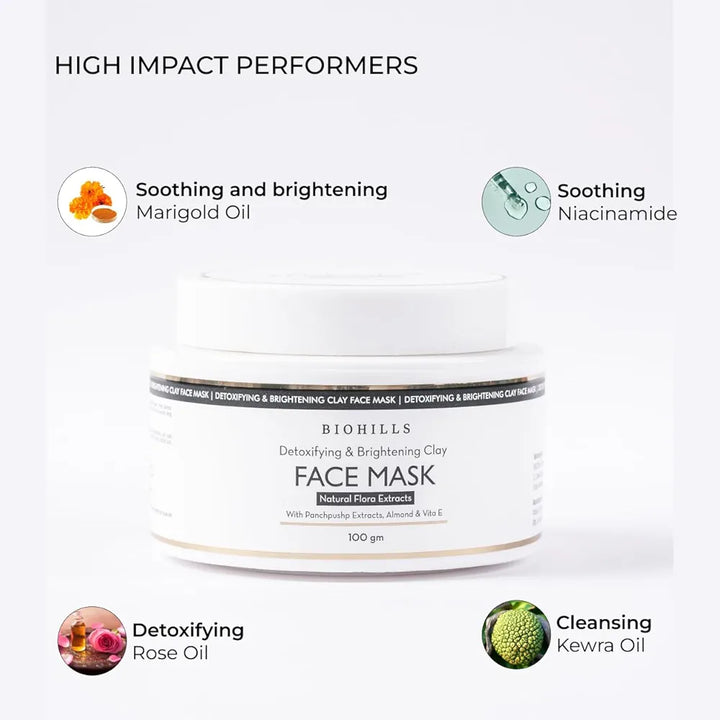 Biohills Skin Detoxing & Brightening Face Mask 100gm | Saffron, Niacinamide & Almond Oil for Radiance & Hydration | Rose, Jasmine, Kewra & Marigold for Soothing & Nourishment