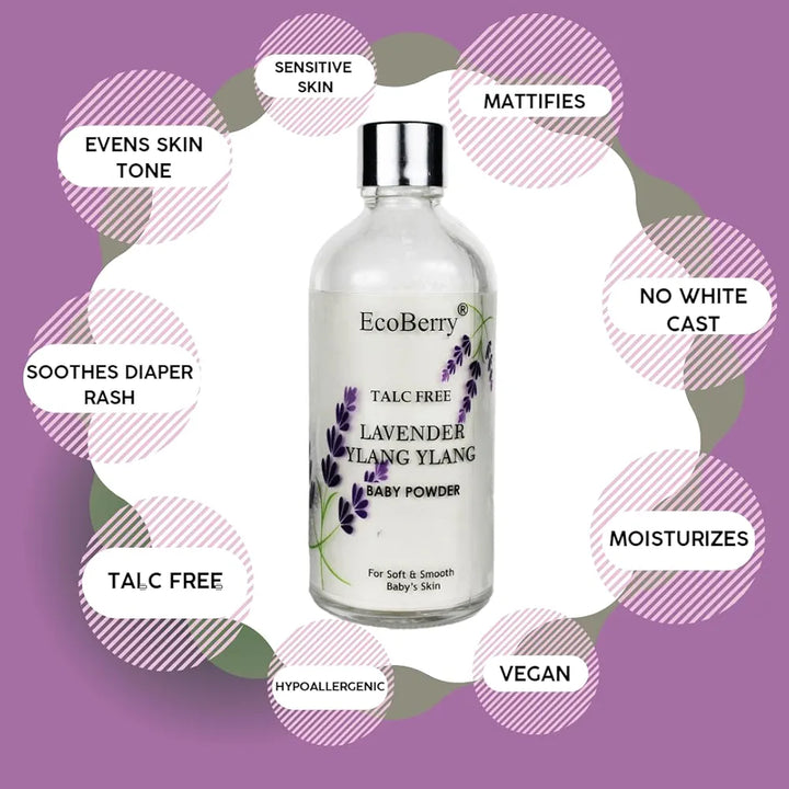 Lavender Ylang Ylang Baby Powder, Talc Free, Hypoallergenic, Organic Certified Ingredients, Mattify, Non-Comedogenic, Harmful Chemical Free, Sensitive Skin, 100% Natural & Handmade, Vegan 50g