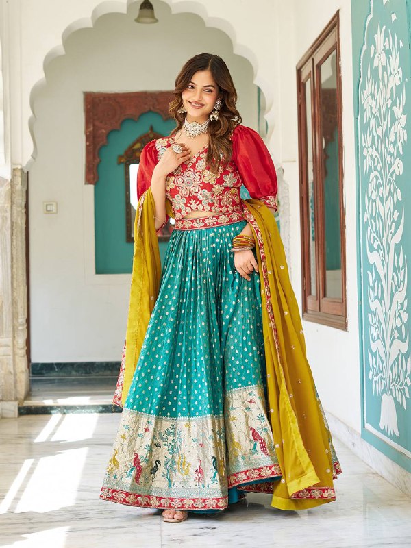 Peacock Motif Woven Lehenga Set with Embroidered Puff Sleeve Blouse