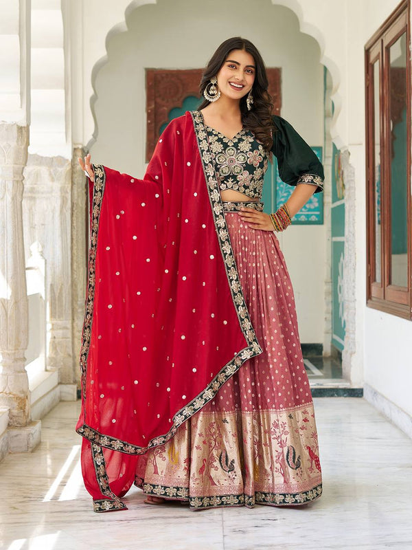Peacock Motif Mauve Lehenga with Designer Embroidered Green Blouse and Red Dupatta