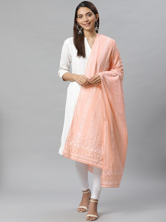 W Peach-Coloured & Golden Printed Pure Cotton Dupatta