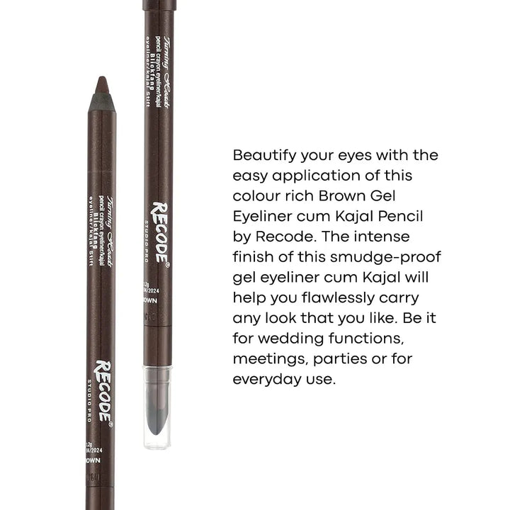 recode Matt Turning Heads Crayon Gel Eyeliner Cum Kajal Pencil Comes With Smudger On Other Side, Longlasting, Water-Proof & Smudge-Proof Formula, Brown, 1.2Gm