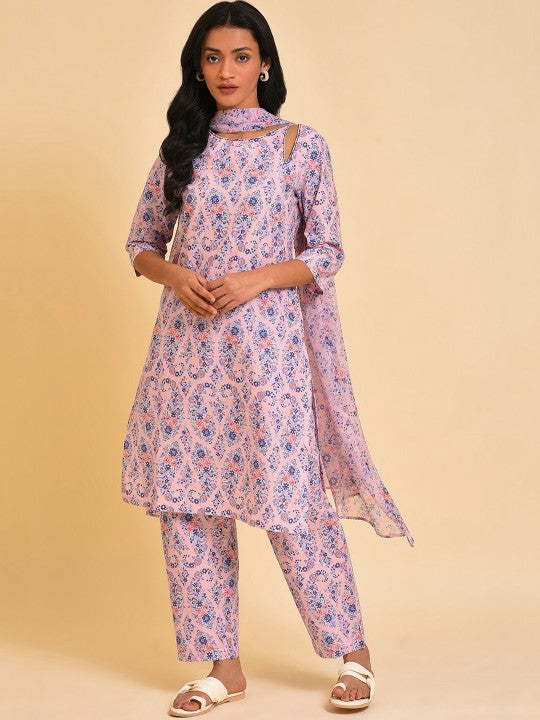 W Pink & Navy Blue Floral Printed Thread Work Pure Cotton Kurta With Trousers & Dupatta