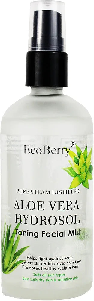 EcoBerry Pure Steam Distilled Aloe Vera Hydrosol Toning Facial Mist Soothes Skin, Sun Burn, Anti-Ageing, Promotes Hair growth, Reduces Dandruff, Natural, Handmade, Chemical Free, Paraben Free, Vegan