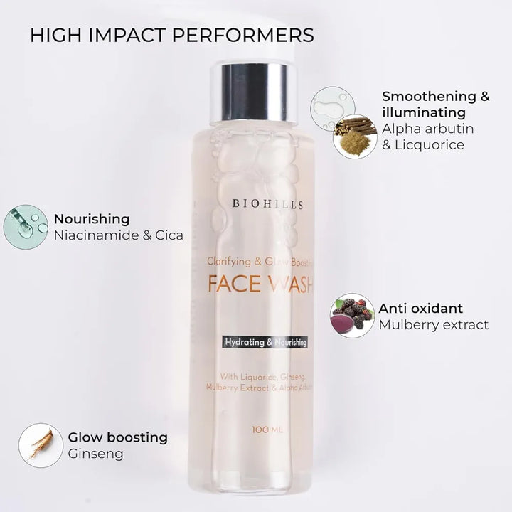 Biohills Glow & Glassy Face Wash Cleanser 100ml | Hyaluronic Acid, Niacinamide & Alpha Arbutin for Hydration & Skin Clarity | Ginseng, Orange Peel & Liquorice for Brightening & Even Tone