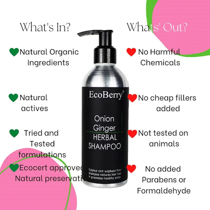 EcoBerry Onion Ginger Organic Herbal Shampoo With Red Onion & Ginger Extracts, Sulphate Free, Paraben Free, Chemical Free, Cruelty Free, Preservative Free, Vegan