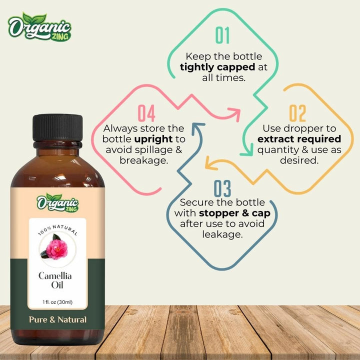 Organic Zing Camellia Essential Oil for Skin, Face, Hair Care, Shampoo, Face Cleanser - 30 Ml