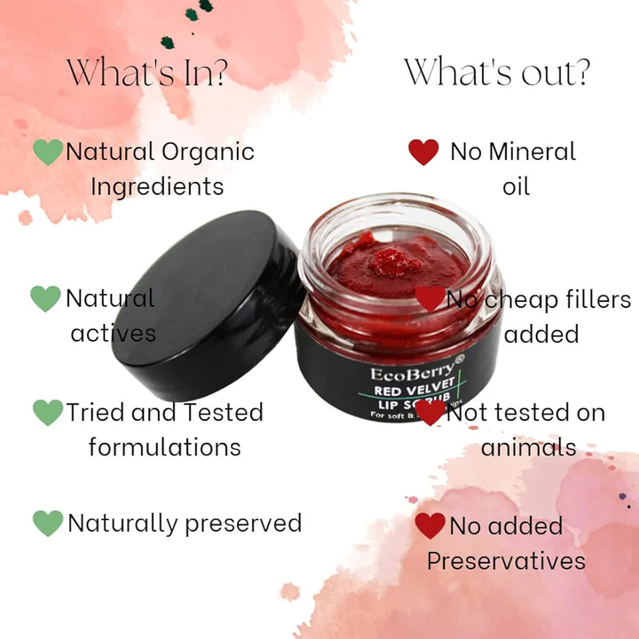 EcoBerry Red Velvet Lip Scrub For Natural Pink Lips Dry, Chapped Lips, Exfoliates, Supple Moisturizing Conditioning, Natural, Handmade, Mineral Oil Free, Preservative Free, Paraben Free, Veg