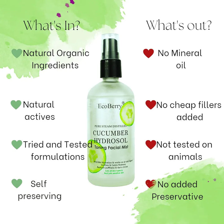 EcoBerry Pure Steam Distilled Cucumber Hydrosol Toning Facial Mist for Hydration, Softens, Soothes Sun burn, Reduces Facial Redness, Suits All Skin Types, Natural, Chemical Free, Paraben Free, Vegan