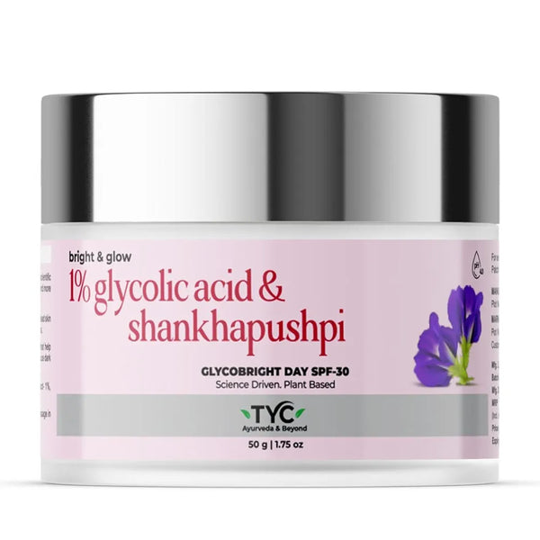 TYC - TRUST YOUR CHOICE Ayurveda Glycobright Day SPF-30 Face Cream For Bright And Glowing Skin With 1% Glycolic And Shankhapushpi, Plant Based - 50 gm 