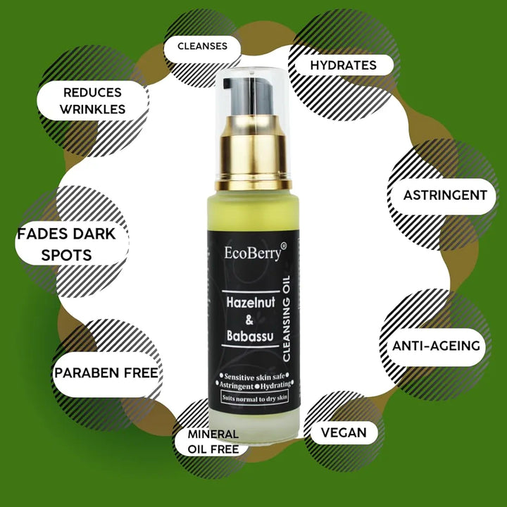 EcoBerry Hazelnut & Babassu Cleansing Oil For Dry Skin, Astringent, Increases Collagen production, Protects Against UV, Non-greasy, Natural & Handmade, Mineral Oil Free, Preservative Free, Vegan