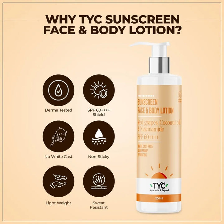 TYC - TRUST YOUR CHOICE Sunscreen Spf 60++++ Face And Body Lotion, With Coconut Oil And Niacinamide, No White Cast And Sand Proof, Hydrating Ayurvedic And Natural, For All Skin Types 