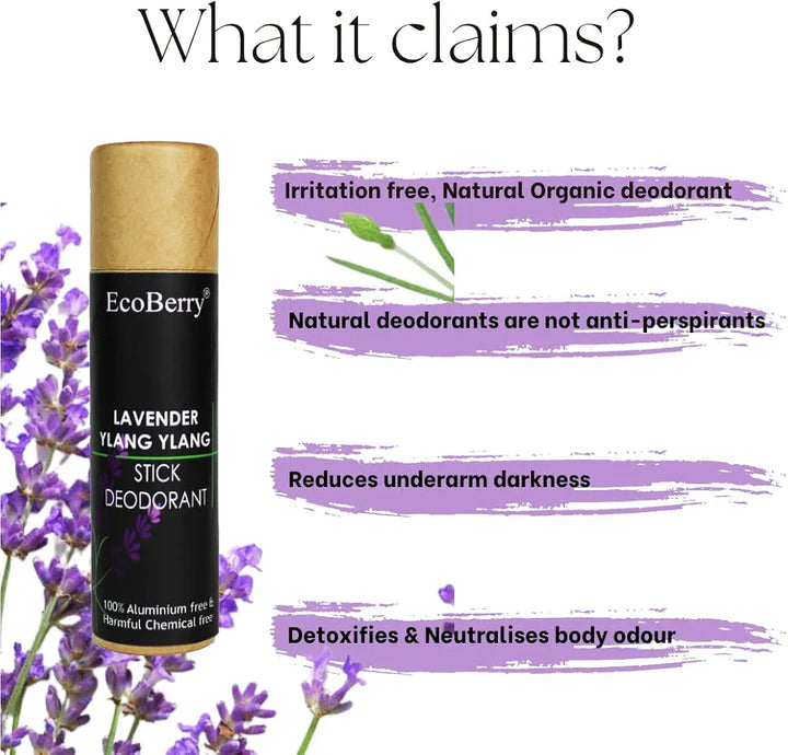 EcoBerry Lavender Ylang Ylang Natural Deodorant | Organic, Neutralises Body Odour, Irritation Free, Aluminium Free, Paraben Free, Chemical Free, Cruelty Free, Mineral Oil Free, Phthalate Free, Artificial Color and Fragrance Free, Preservative Free, Veg