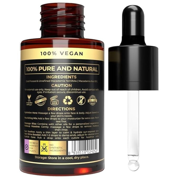 The Organic Forest Pure & Natural Macadamia Oil - Cold Pressed - 30 ml