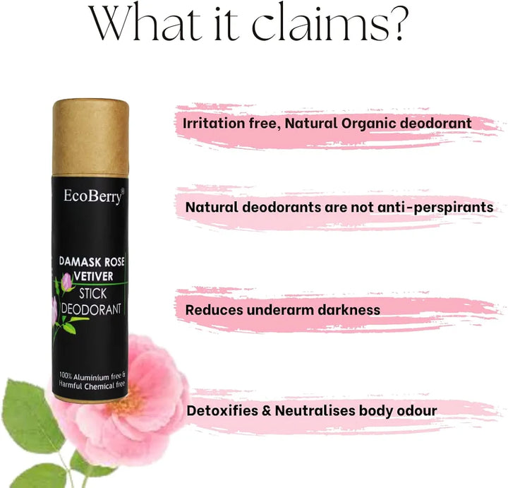 EcoBerry Damask Rose Vetiver Stick Deodorant | Organic, Neutralises Body Odour, Irritation Free, Aluminium Free, Paraben Free, Chemical Free, Cruelty Free, Mineral Oil Free, Phthalate Free, Artificial Color and Fragrance Free, Preservative Free, Veg