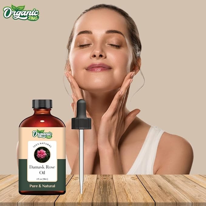 Organic Zing Damask Rose (Rosa × Damascena) Oil | Essential Oil for Skincare, Hair Care, Aroma and Diffusers - 118 Ml