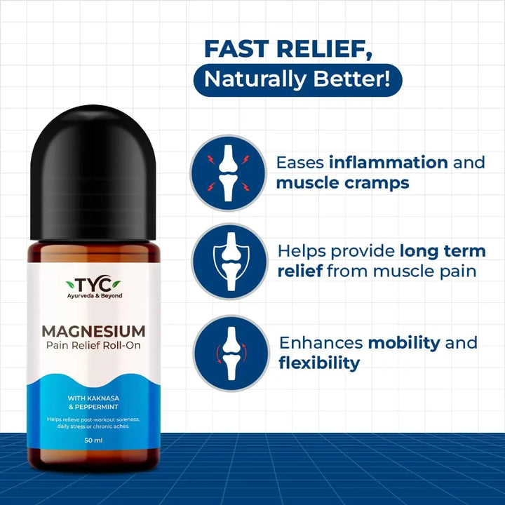 TYC - Trust Your Choice Magnesium Pain Relief Roll-On, Instant Relief for Back, Joint, Knee, Neck Pain, Muscle Stiffness and Sports Injuries with Natural Ingredients, Pack of 1 