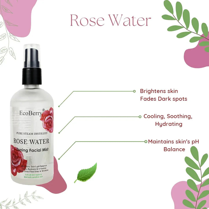 EcoBerry Pure Steam Distilled Rose Water Toning Facial Mist For Calming & Soothing Skin, Hydration, Light Moisturizer, Anti-Aging, Suits All Skin Types 100% Preservative Free & Natural, Vegan